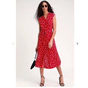 Billabong Little Flirt Red Floral Print Button Down Midi Dress Sz L Summer Beach